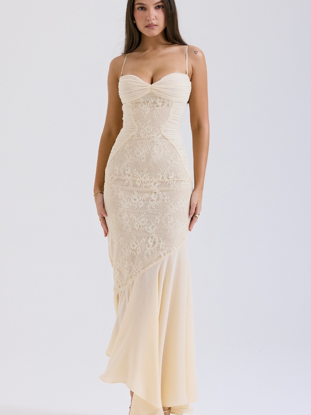 House Of Cb Strapless Cream Lace Mermaid Gown
